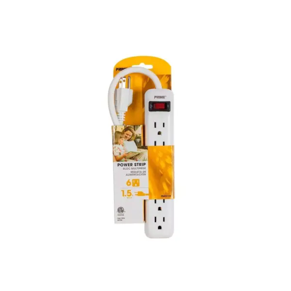 Monoprice Power & Surge - 1.5 Foot - White | Prime 6 Outlet Power Strip with Cable/Chord, Straight Plug