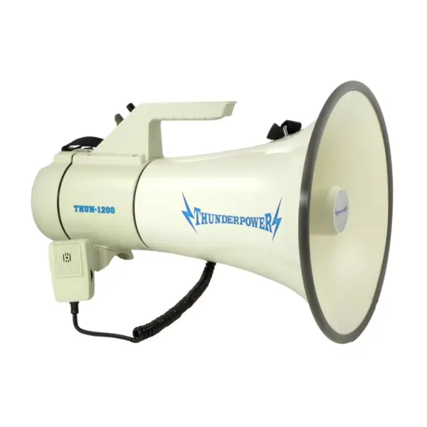 ThunderPower THUN1200 Earthquake Maker 2000 Yard Sound Range 45 Watt Portable PA Bullhorn Megaphone Speaker w/ 2 Modes, Aux Input, & DC Charger, White