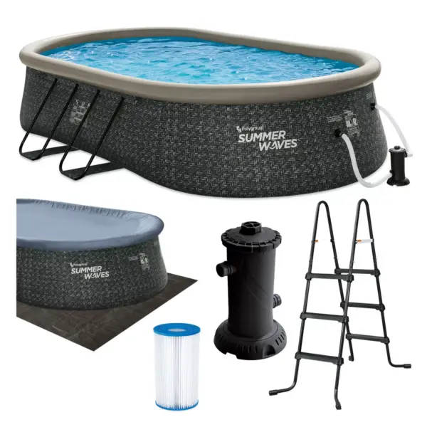 Summer Waves P11810421 18 x 10 Foot Oval Quick Set Inflatable Ring Above Ground Swimming Pool with Ladder and Filter Pump, Dark Gray Herringbone Print