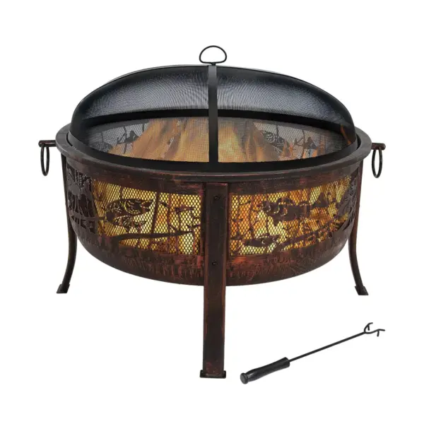 Sunnydaze Outdoor Camping or Backyard Steel Northwoods Fishing Fire Pit with Spark Screen - 30" - Bronze