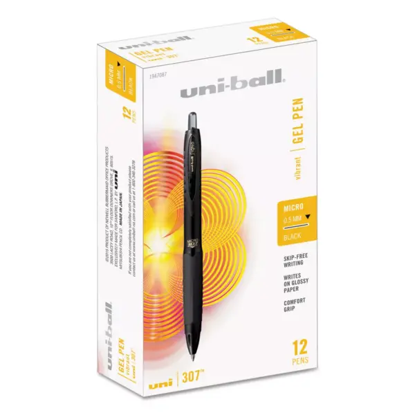 uni-ball 307 Retractable Gel Pen, Micro 0.5mm, Black Ink/Barrel, Dozen 1947087