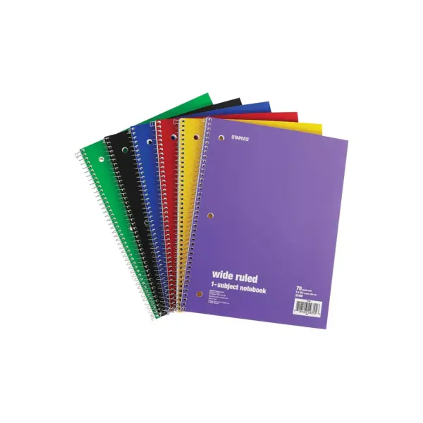 Staples 1 Subject Notebook 8" x 10.5" Wide Ruled 70 Sheets Assorted 6/PK TR11667M