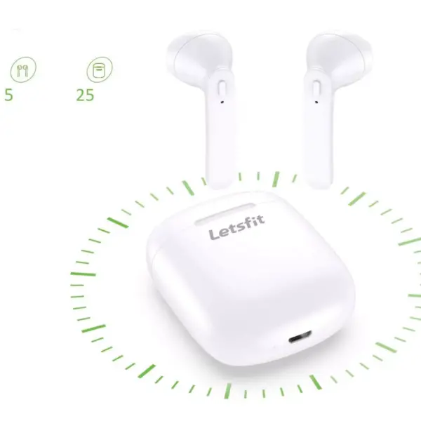 Letsfit Bluetooth 5.0 Wireless Earbuds TWC HD Stereo Sound 30H Playtime with Charging Case Built-in Mic for Running Gym Workout T12 - White