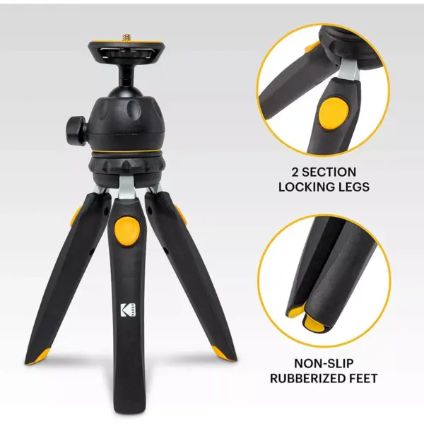 KODAK PhotoGear Mini Adjustable Tripod with Remote, 360° Ball Head, Compact 9” Tabletop Tripod,11” Selfie Stick, 5-Position Legs, Rubber Feet, Smartphone & Action Camera Adapters, E-Guide Included