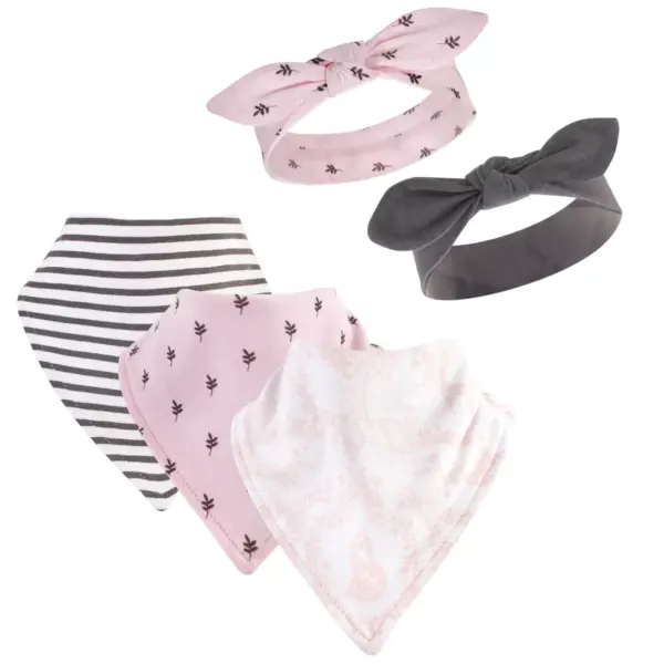 Yoga Sprout Baby Girl Cotton Bandana Bibs and Headbands 5pk, Lace Garden, One Size