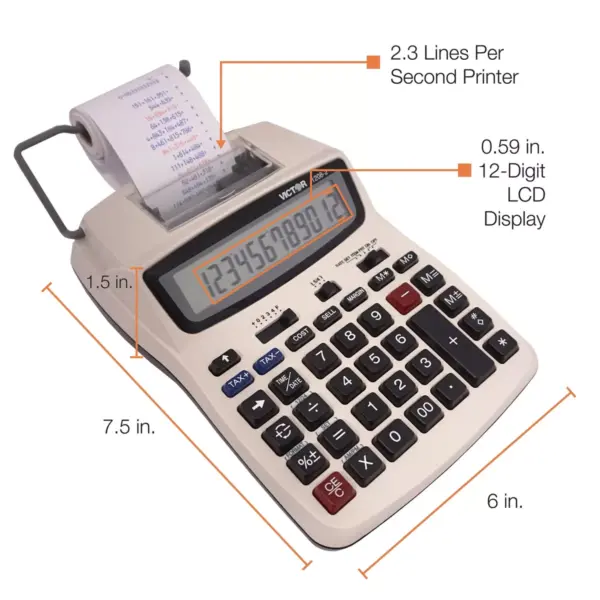 Victor 1208-2 Two-Color Compact Printing Calculator Black/Red Print 2.3 Lines/Sec 12082