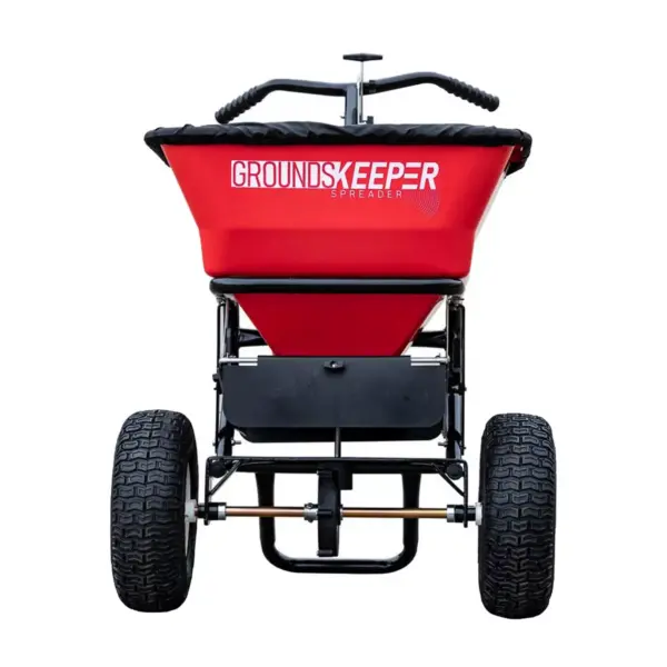 Buyers Products 100 Pound Capacity 1.67 Cubic Feet Groundskeeper Walk Behind Seed, Salt, and Fertilizer Spreader with Hopper Screen & Rain Cover, Red