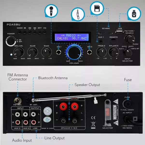 Pyle Home PDA5BU High Performance Powerful 200 Watt AM/FM Radio AUX/USB Input CD/DVD Player Wireless Bluetooth Home Stereo Amplifier System (2 Pack)