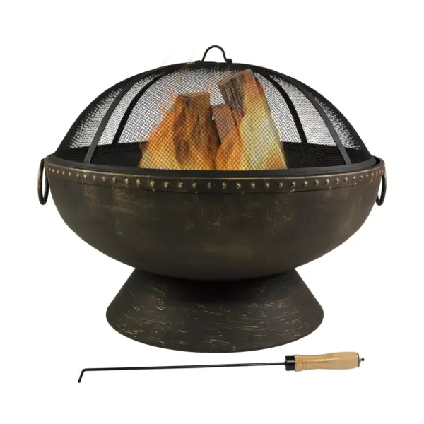 Sunnydaze Outdoor Camping or Backyard Large Fire Pit Bowl with Spark Screen, Log Poker, and Metal Wood Grate - 30" - Bronze