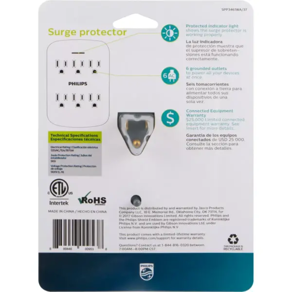 Philips 6-Outlet Surge Protector Wall Tap, White