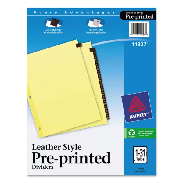 Avery Red Lthr Tab Dividers Printed 1-31 8-1/2"x11" 31 Tabs Buff 11327