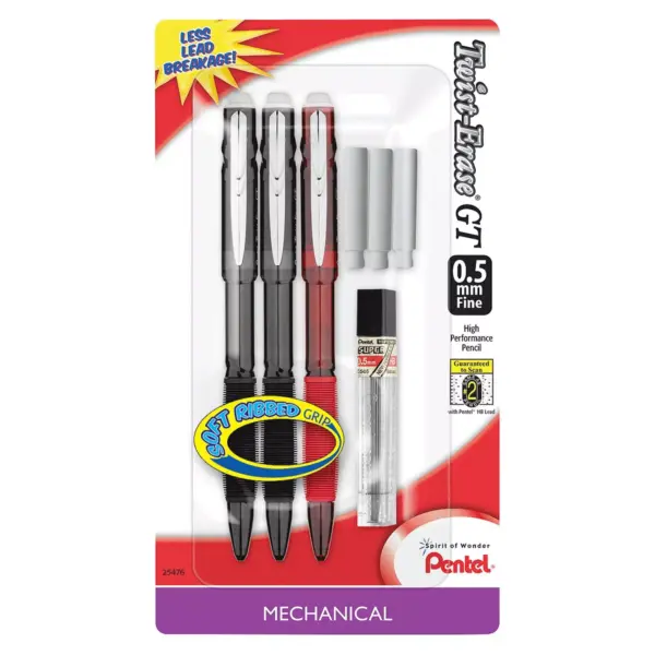 Pentel #2 Mechanical Pencils with Lead And Eraser, 0.5mm, 3ct - Multicolor