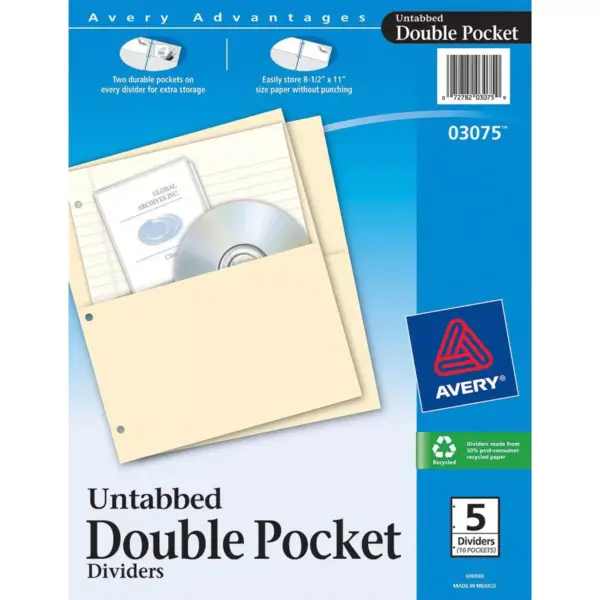 Avery Untabbed Dbl Pocket Dividers 3HP 9-1/4"x11-1/8" 5/PK Buff 03075