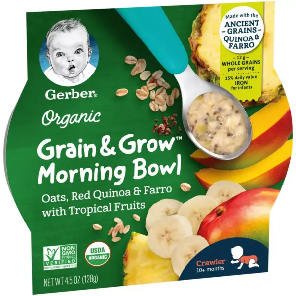 Gerber Organic Grain & Grow Morning Bowl Oats Quinoa Farro Tropical Fruits Baby Meals - 4.5oz