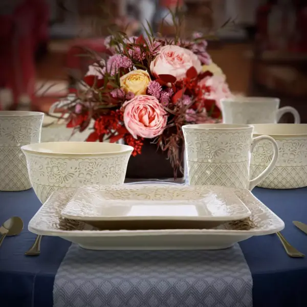 16pc Stoneware Floral Dove Dinnerware Set White - Elama