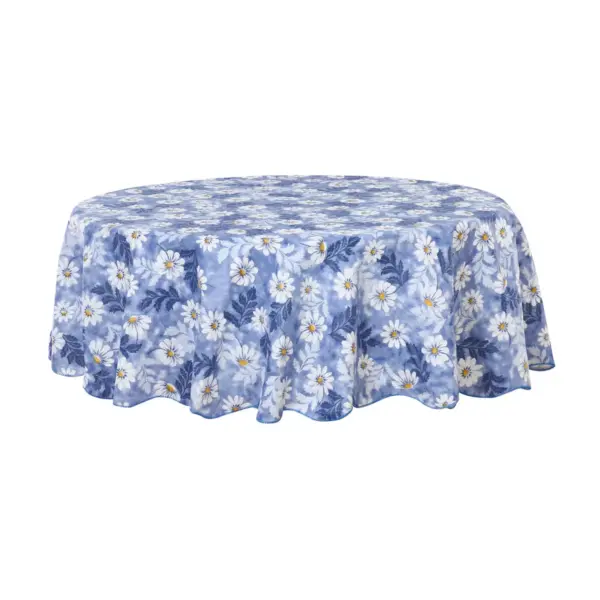 71" Dia Round Vinyl Water Oil Resistant Printed Tablecloths Blue Daisy - PiccoCasa