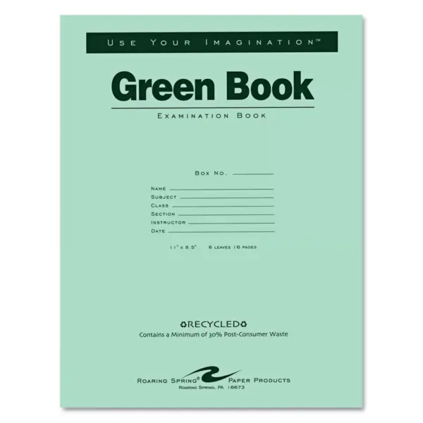 Roaring Spring Green Books Exam Books Stapled Wide Rule 11 x 8 1/2 8 Sheets/16 Pages 77509