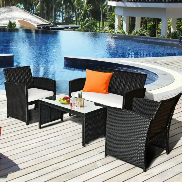 Costway 4PCS Patio Rattan Furniture Conversation Set Cushioned Sofa Coffee Table Black