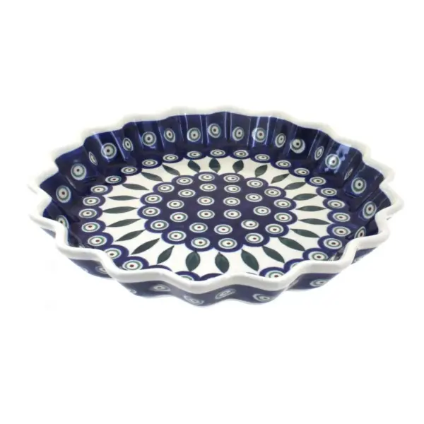 Blue Rose Polish Pottery Peacock Quiche Dish