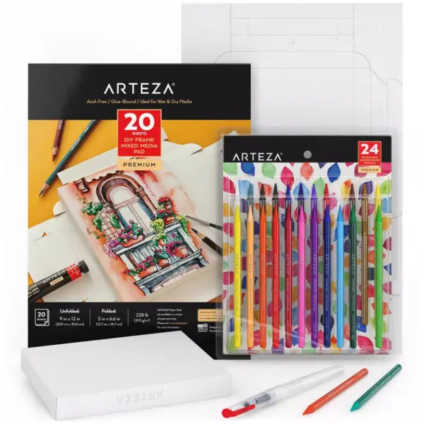 Arteza Watercolor Art Set, Woodless Watercolor Pencils 24 and Foldable Canvas (ARTZ-3570)