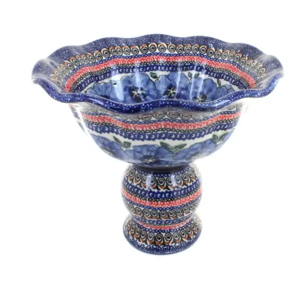 Blue Rose Polish Pottery Blue Art Pedestal Fruit Bowl