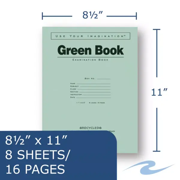 Roaring Spring Green Books Exam Books Stapled Wide Rule 11 x 8 1/2 8 Sheets/16 Pages 77509