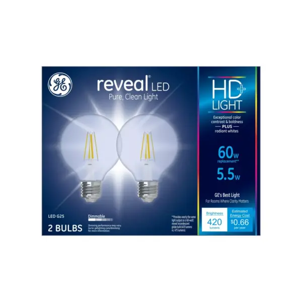 General Electric 2pk 60W Reveal G25 Clear LED Light Bulb White