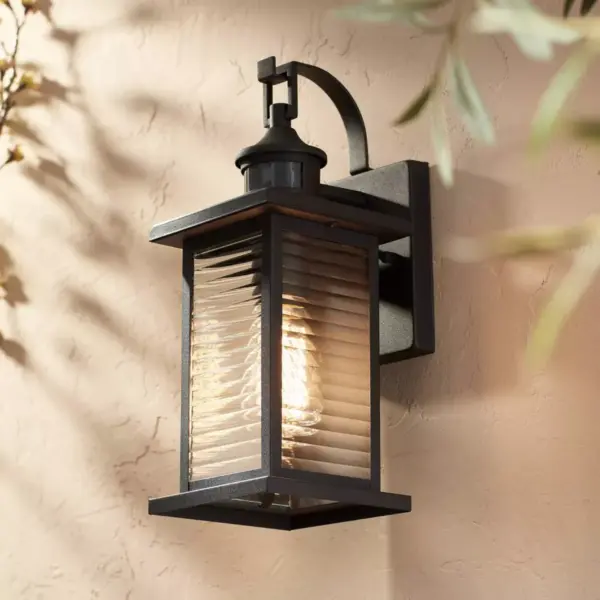 John Timberland Modern Outdoor Wall Light Fixture Textured Black 13 3/4" Clear Stripped Glass Motion Security Sensor for Porch Entryway