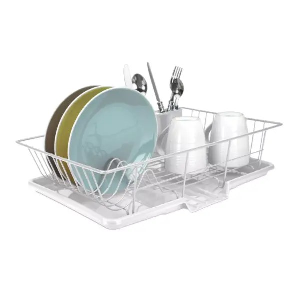 Home Basics 3 Piece Vinyl Coated Steel Dish Drainer, White