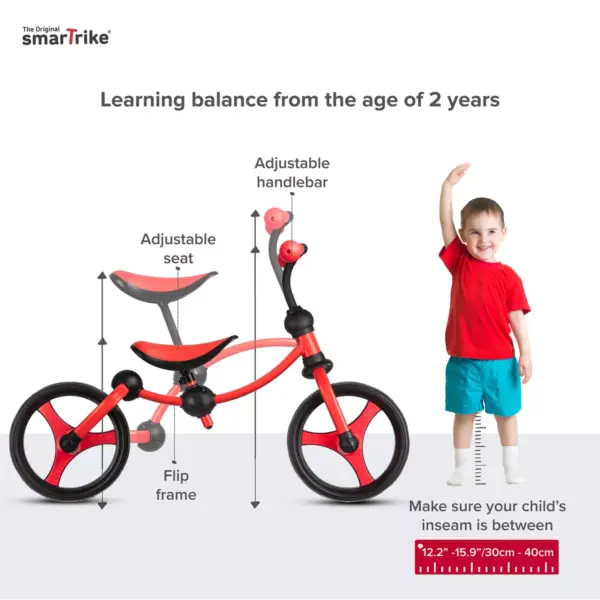 smarTrike Lightweight & Adjustable Kids Walking Running Balance 2 in 1 Learning Stages Training Bike w/ Puncture Free EVA Wheels for Ages 2 to 5, Red