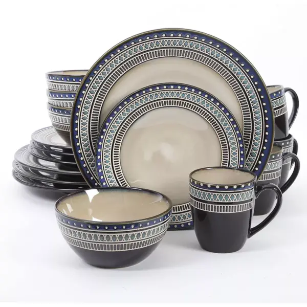 Gibson 101983.16RM Elite Magello Glazed Stoneware 16-Piece Dinnerware Set, Microwave and Dishwasher Safe, Blue and Brown (2 Pack)