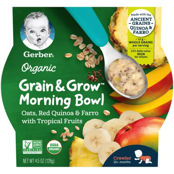 Gerber Organic Grain & Grow Morning Bowl Oats Quinoa Farro Tropical Fruits Baby Meals - 4.5oz