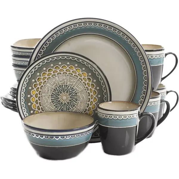 Gibson 124169.16R Everyday Elite Amberdale 16 Piece Reactive Glaze Dinnerware Set Plates, Bowls, & Mugs, Microwave and Dishwasher Safe, Teal