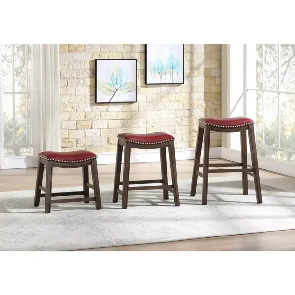 Homelegance 18-Inch Dining Height Wooden Bar Stool with Solid Wood Legs and Faux Leather Saddle Seat Kitchen Barstool Dinning Chair, Brown and Red