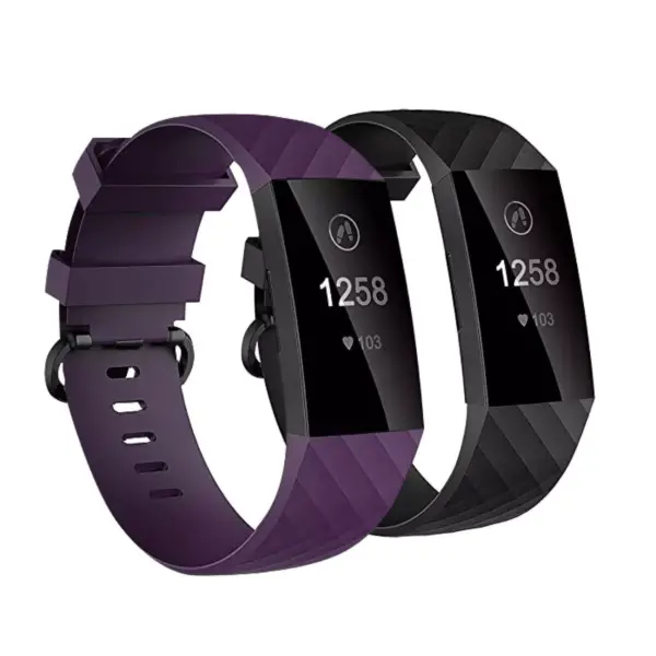 Insten 2-Pack Soft TPU Rubber Replacement Band For Fitbit Charge 4 & Charge 3, Black+Purple