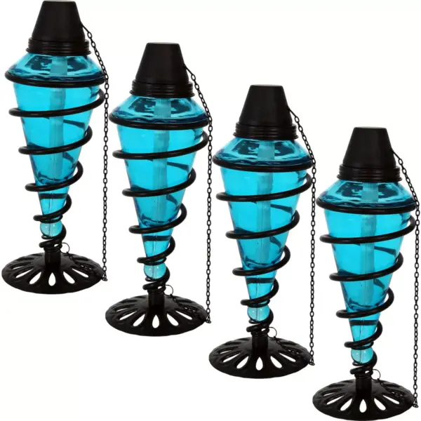 Sunnydaze Outdoor Tabletop Glass and Metal Swirl Patio Table and Lawn Citronella Torch Set - Blue - 8pk