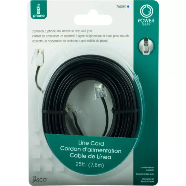 Power Gear Telephone Line Cord, 25ft - Black or White