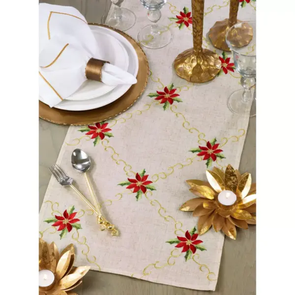 16" X 72" Embroidered Poinsettia Runner Natural - SARO Lifestyle