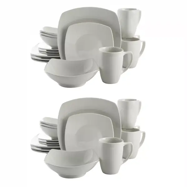 Gibson Zen Buffet 16 Piece Porcelain Square Plates, Bowls, and Mugs Dinnerware Set, Microwave and Dishwasher Safe, White (2 Pack)