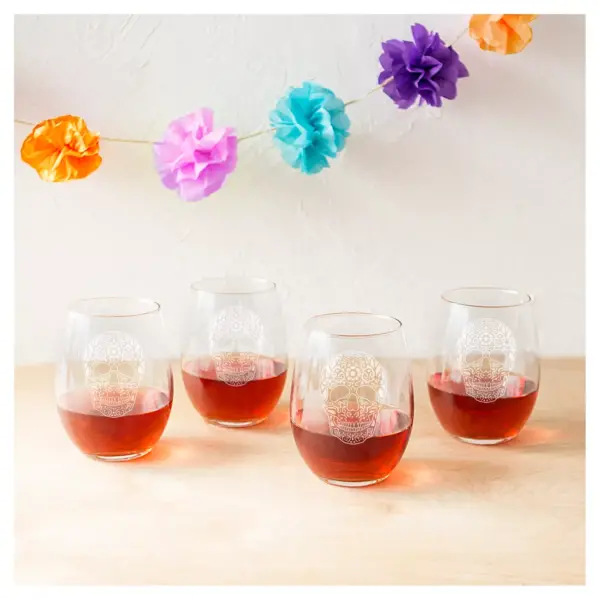 Halloween Sugar Skull Stemless Wine Glasses - 4ct