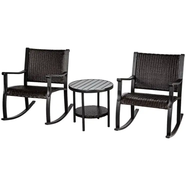 Costway 3PCS Patio Rattan Rocking Chair Bistro Set Coffee Table Storage Shelf