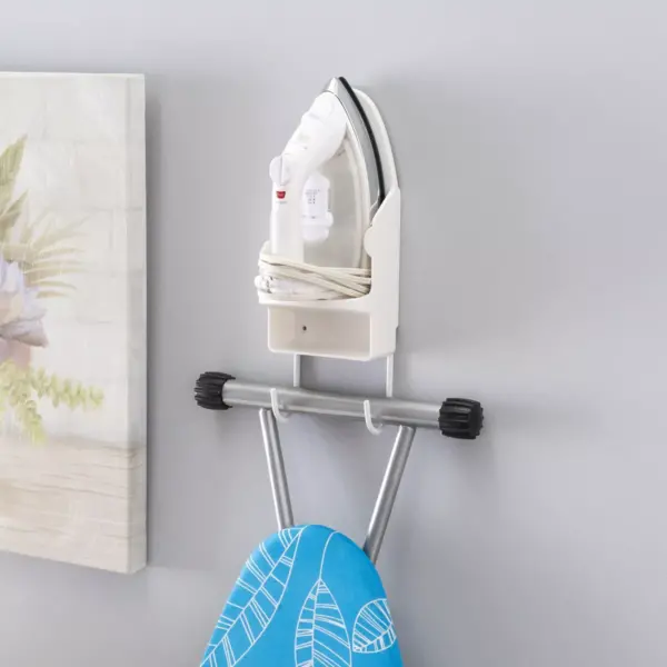 Home Basics Wall Mount Ironing Board with Built-In Accessory Hooks, White