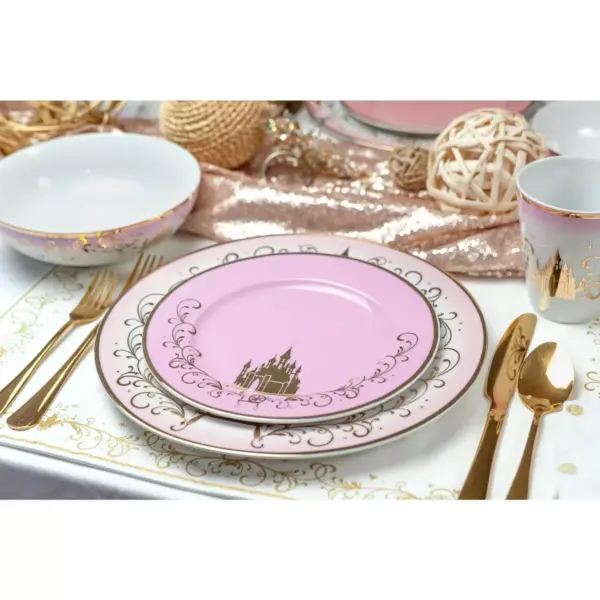 Robe Factory LLC Disney Princess 16-Piece Ceramic Dinnerware Set | Tiana, Rapunzel, Aurora, Mulan