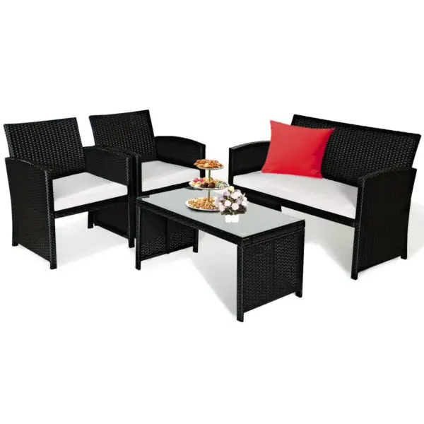 Costway 4PCS Patio Rattan Furniture Conversation Set Cushioned Sofa Coffee Table Black