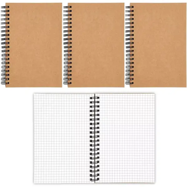 4-Pack Grid Graph Spiral Notebooks with Kraft Cover, Portable A7 Size for Traveler & Students, 5x7