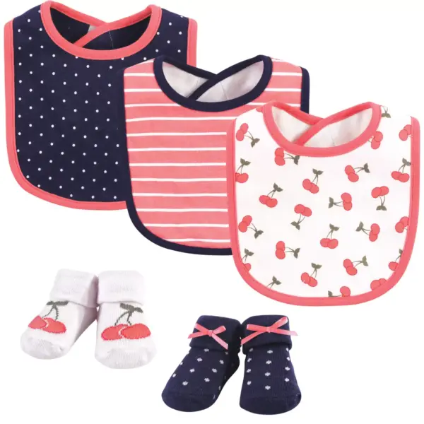 Hudson Baby Infant Girl Cotton Bib and Sock Set 5pk, Cherry, One Size