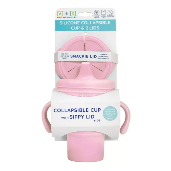 Austin Baby Collection Silicone Collapsible Cup Sippy & Snackie Lid Set - Soft Pink