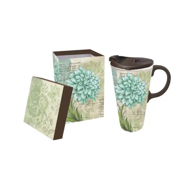 Evergreen Turquoise Dahlia Ceramic Travel Coffee Mug, 17 ounces