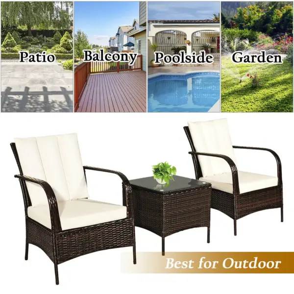 Costway 3 PCS Patio Rattan Furniture Set Coffee Table & 2 Rattan Chair W/White Cushions