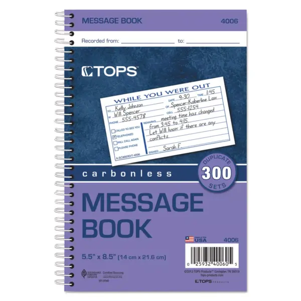 TOPS Spiralbound Message Book 2 5/6 x 5 Carbonless Duplicate 300 Sets/Book 4006